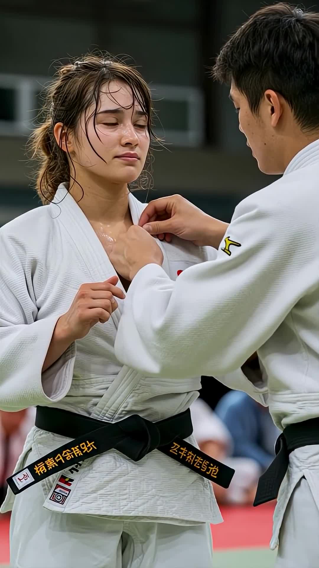 Video thumbnail for 試合前に襟を正してもらう柔道家 #ai #athlete #judo #かわいい #美女 #sports