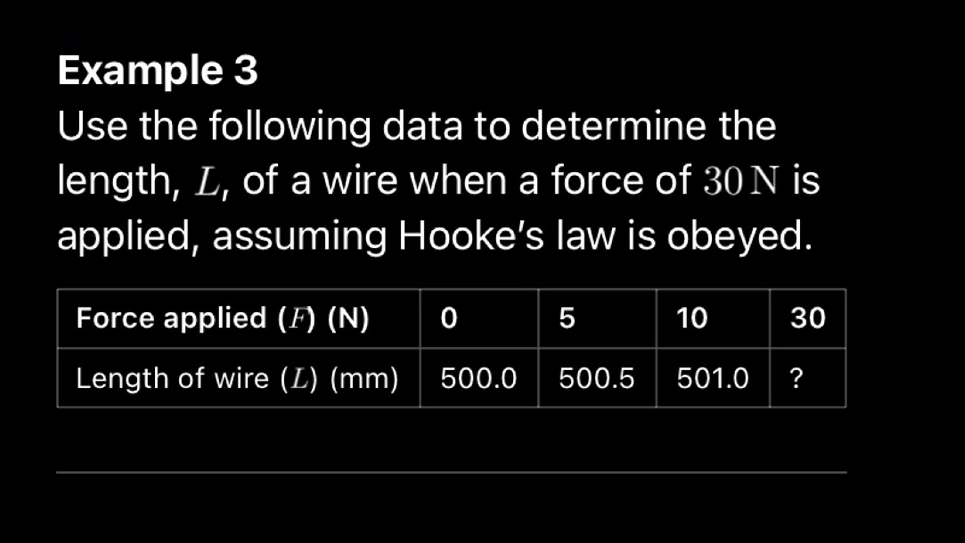 'Video thumbnail for Use the following data to determine the length, L, of a wire when a force of 30 N is applied, assuming Hooke's law is obeyed.'