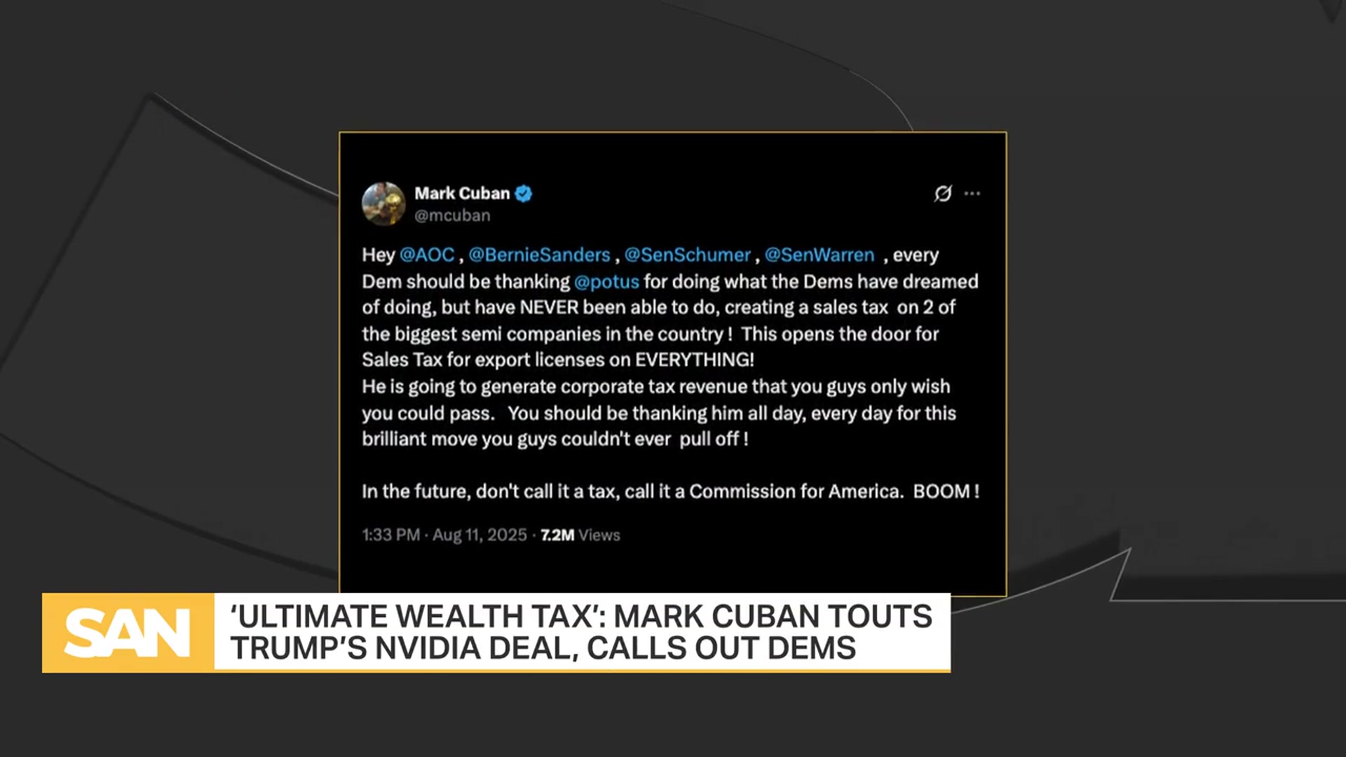 'Video thumbnail for ‘ULTIMATE wealth tax’: Mark Cuban touts Trump’s Nvidia deal, calls out Dems'