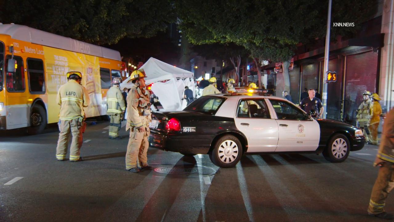 Video thumbnail for US, Los Angeles: Downtown Los Angeles Pedestrian Struck and Killed by Metro Bus.