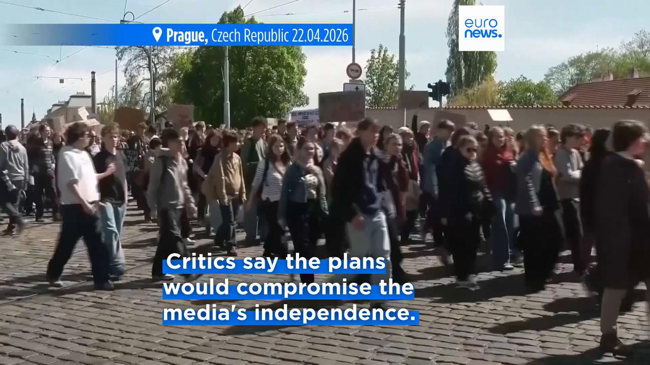 Video thumbnail for Czech students protest government plans to cut public media funding