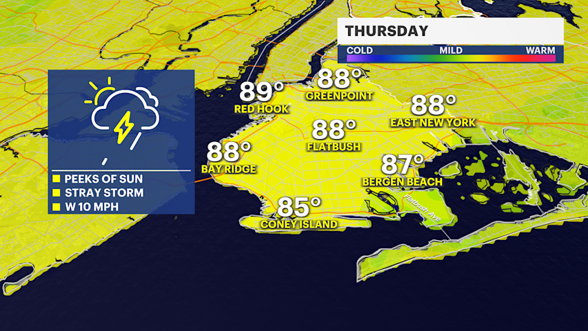 Video thumbnail for Warm Thursday with isolated shower and storm chances in Brooklyn