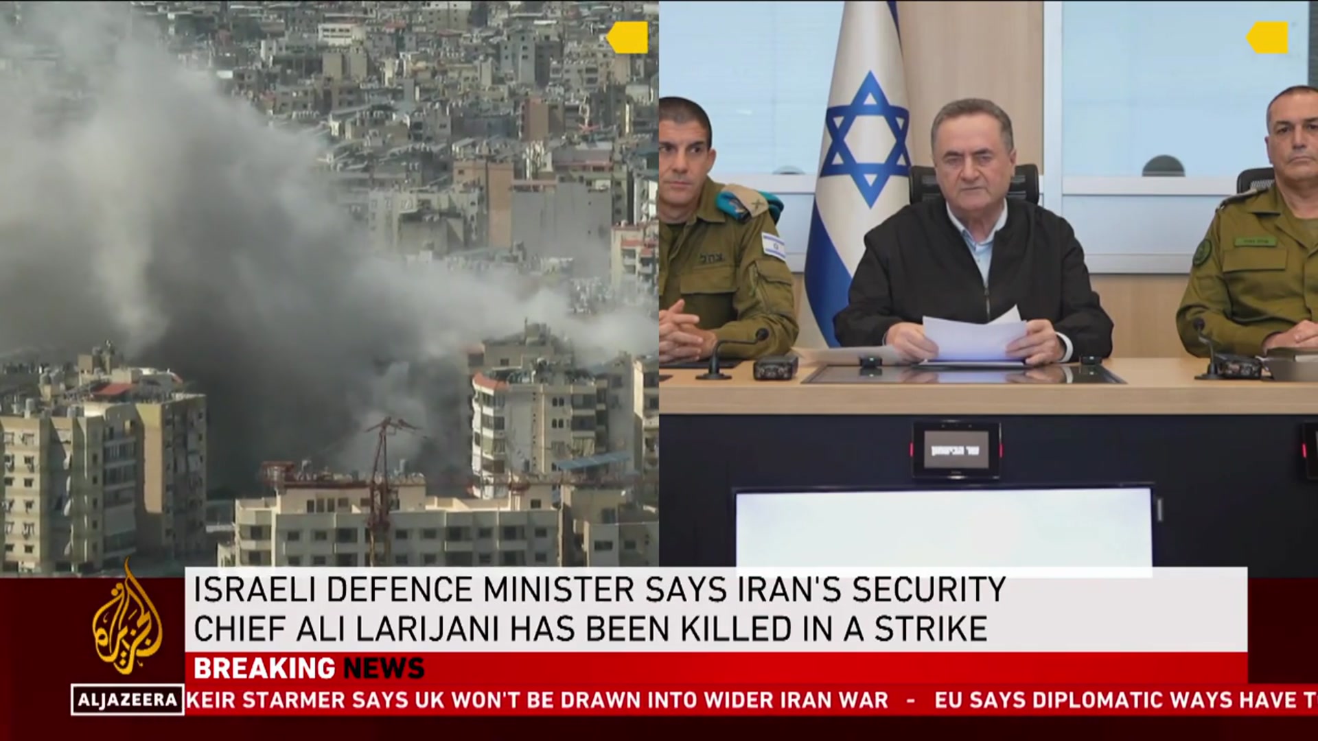Video thumbnail for Israeli defence minister says Iran’s security chief Ali Larijani killed in strike