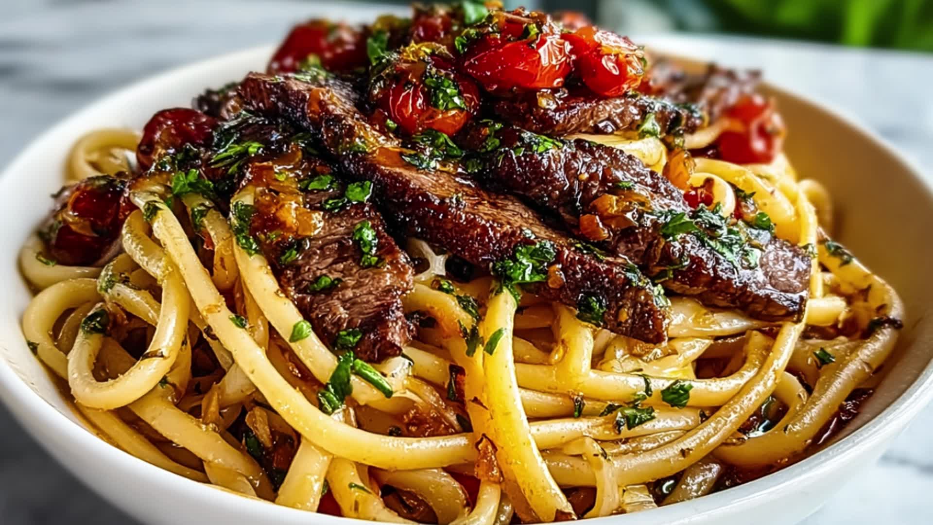 Video thumbnail for Garlic Steak Pasta Recipe