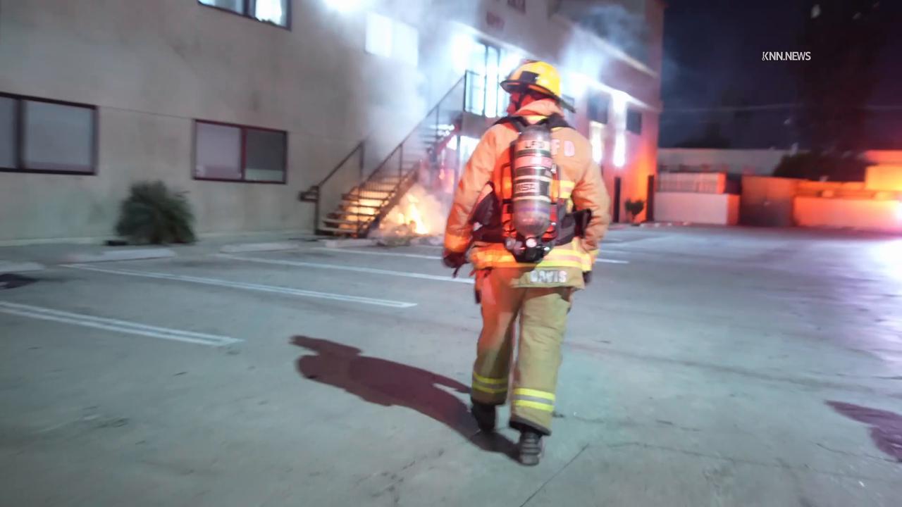 Video thumbnail for US, Los Angeles: Van Nuys Mutiple Fires Set Outside LA Kings Valley Ice Center.