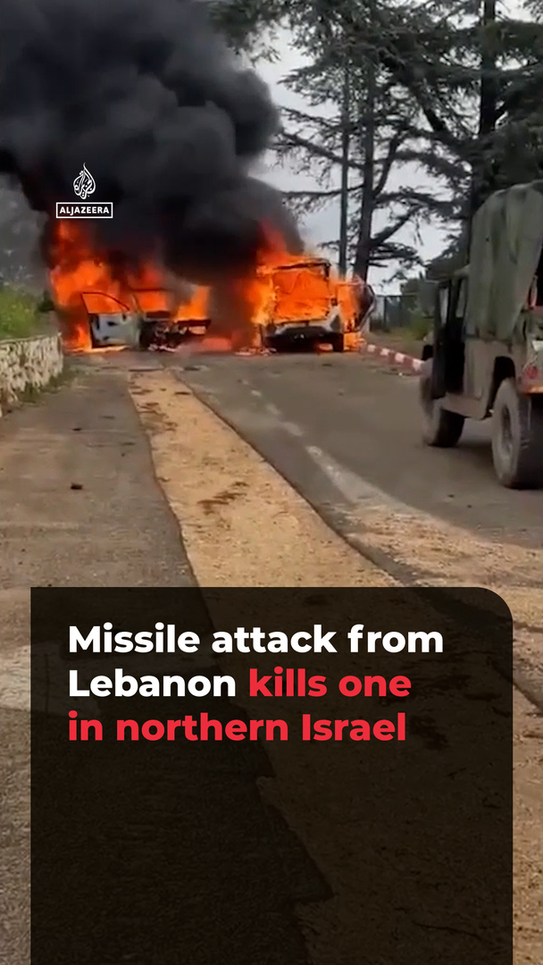 Video thumbnail for Israeli firefighters battle vehicles blaze after missile attack from Lebanon