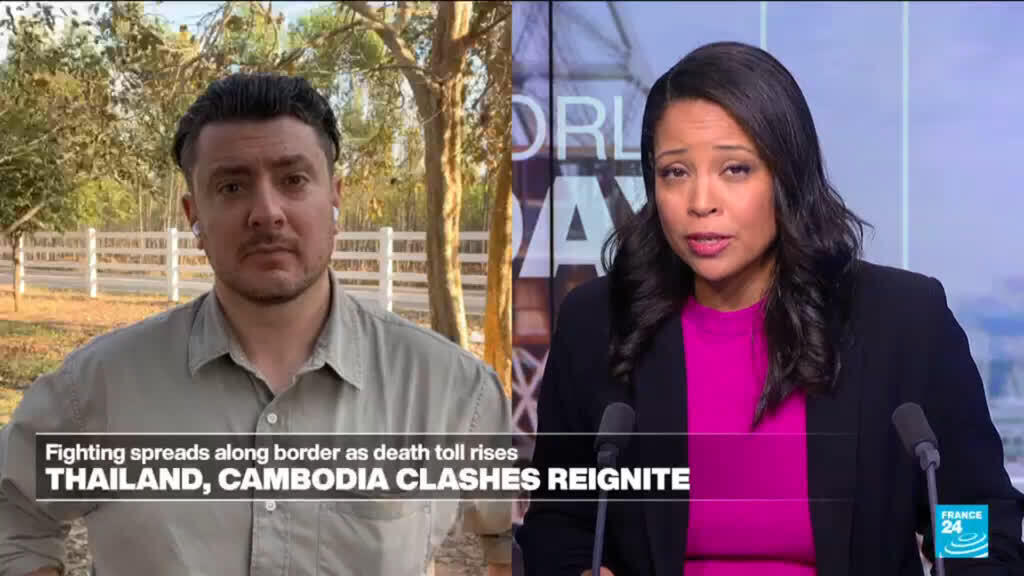 Video thumbnail for Thailand-Cambodia clashes spread along contested border area