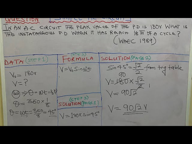 'Video thumbnail for IN AN AC CIRCUIT THE PEAK VALUE OF THE P.D IS 180V. WHAT IS THE INSTATANEOUS P.D WHEN IT HAS REACH'
