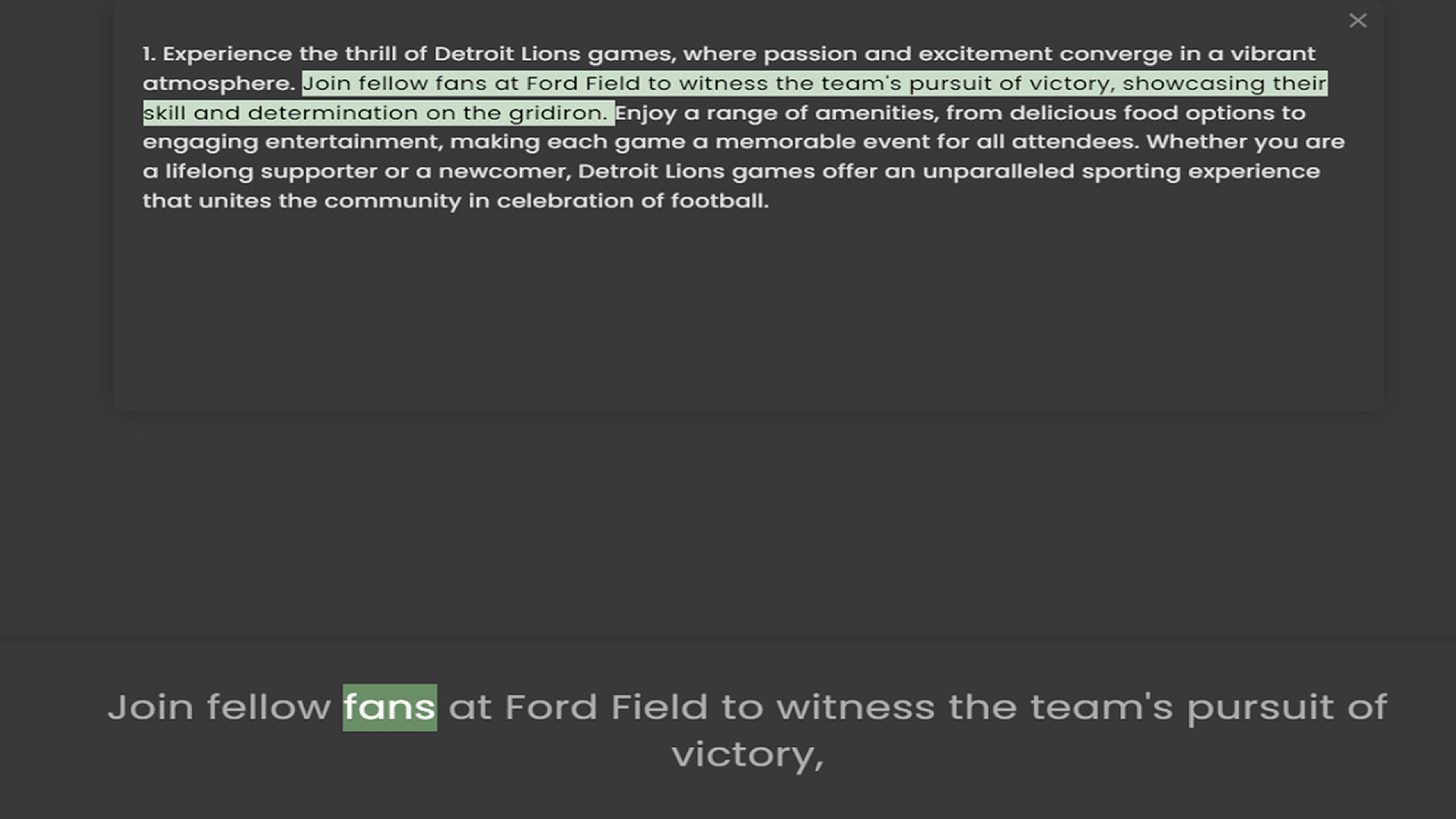Video thumbnail for 1. Experience the thrill of Detroit Lions games, where passion and excitement converge in a vibrant atmosphere. Join fellow fans at Ford Field to witness the team's pursuit of victory, showcasing their skill and determination on the gridi