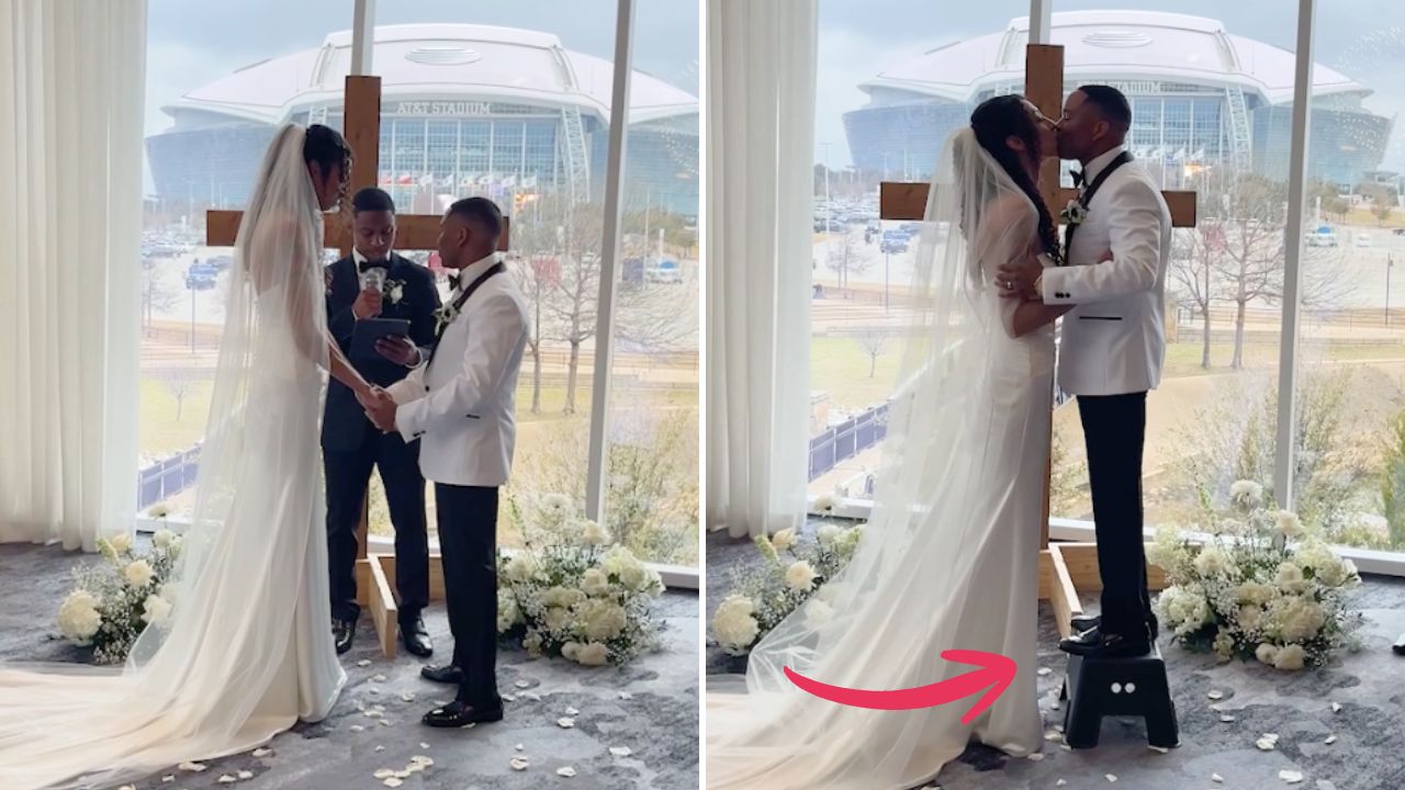 Video thumbnail for Short Groom Pulls Out Step Stool For First Kiss With Taller Bride