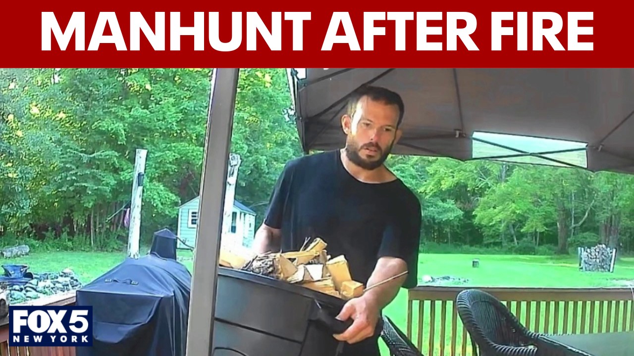 Video thumbnail for New York manhunt after body found inside burnt house