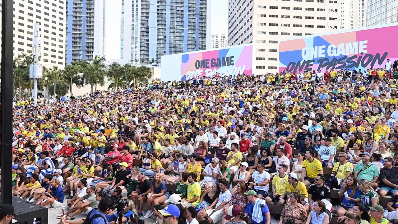 Video thumbnail for US: Fans watch Brazil-Morocco World Cup match at Miami Fan Festival.
