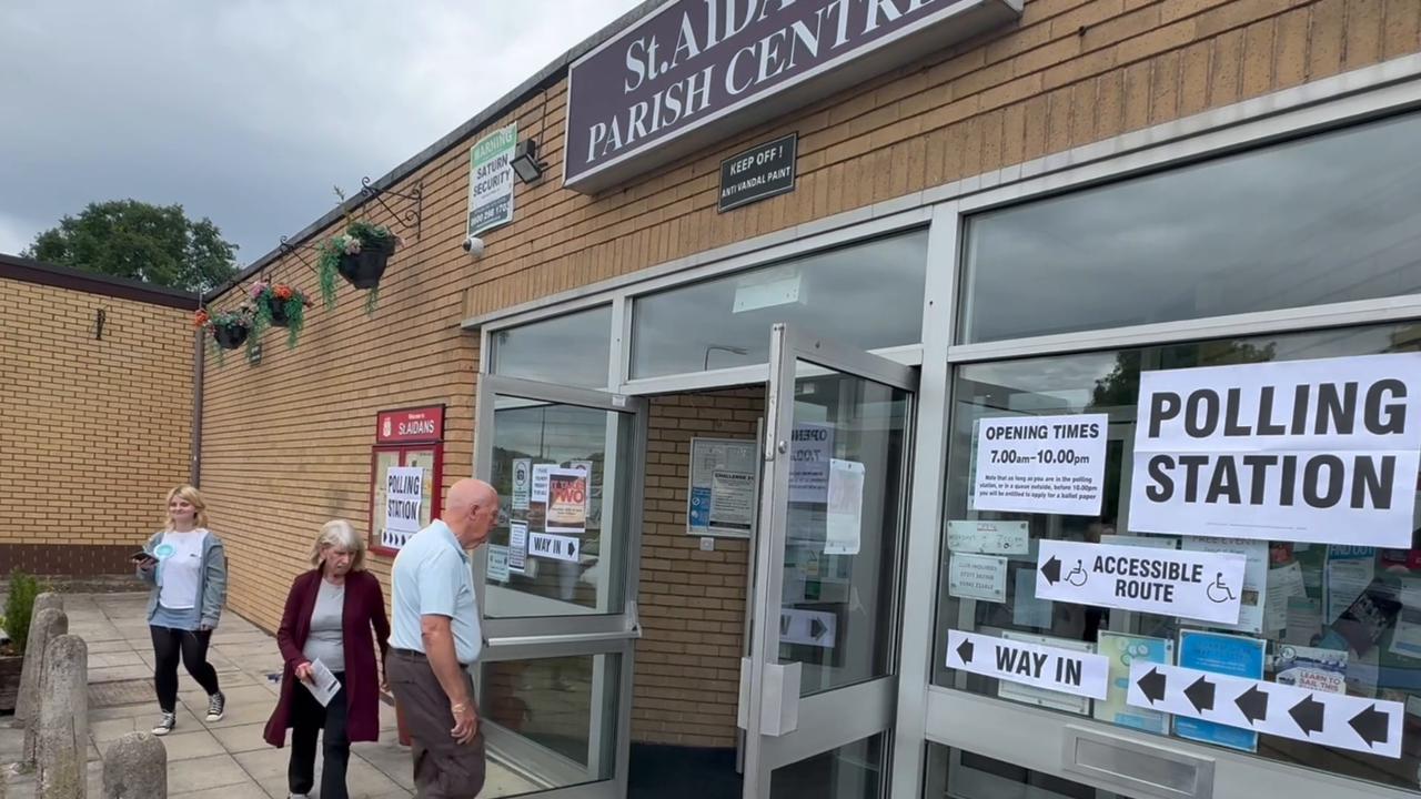 Video thumbnail for US: Voting begins in Makerfield by-election as Reform Party leader Nigel Farage casts ballot (2).