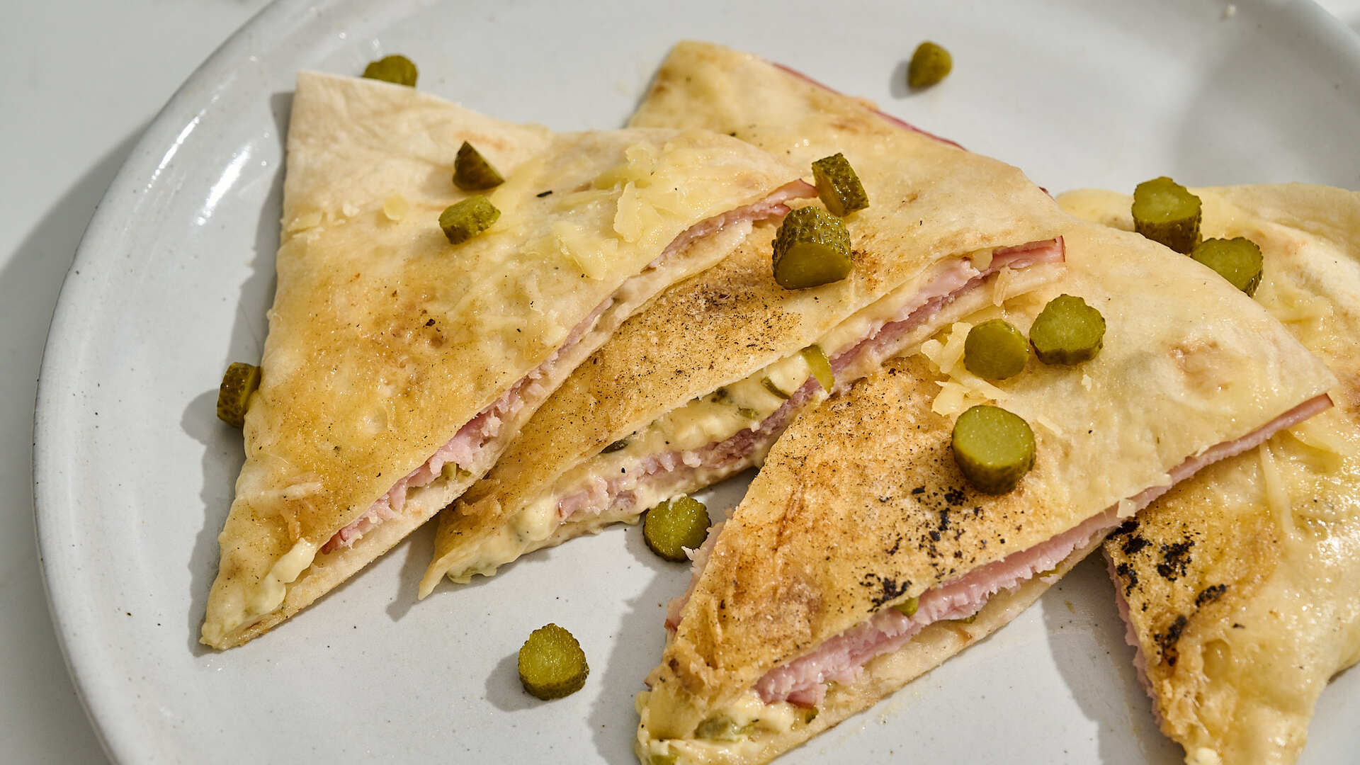 Video thumbnail for French-Inspired Ham And Cheese Quesadilla Recipe