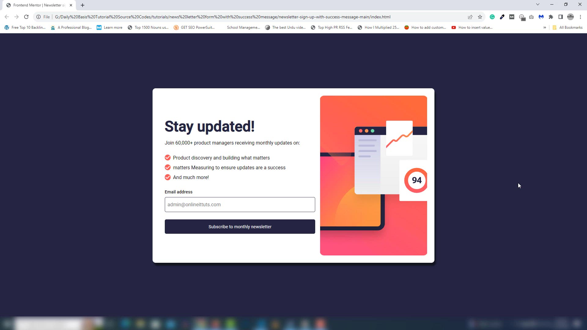 Video thumbnail for newsletter sign-up form with success message using HTML CSS & JS
