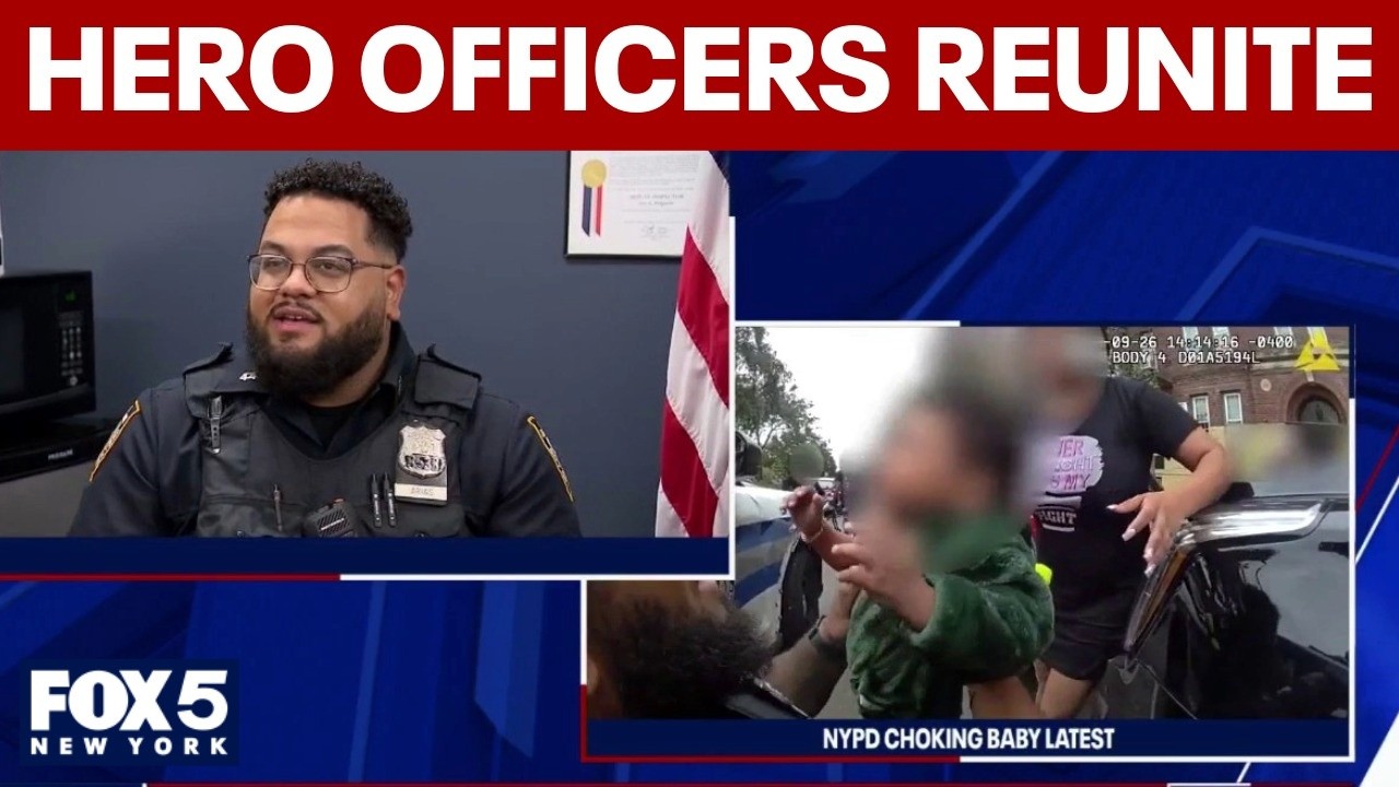 Video thumbnail for NYPD officers reunited with baby whose life they saved from choking
