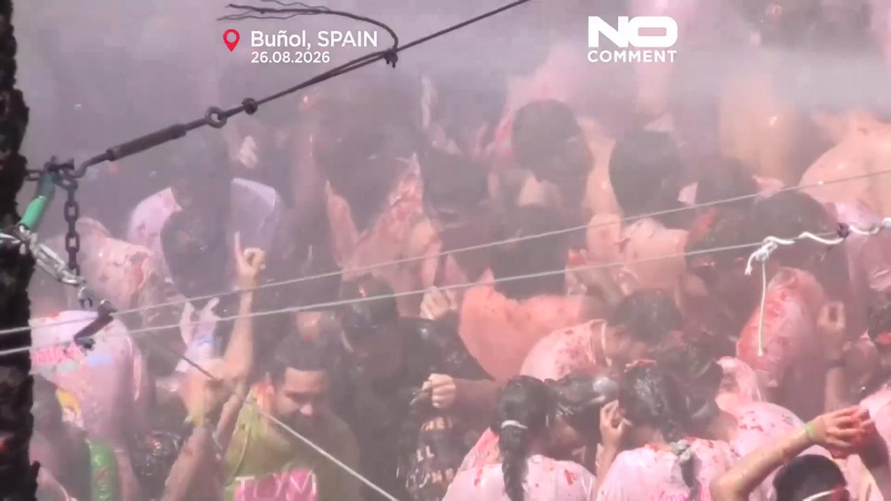 Video thumbnail for La Tomatina 2026: thousands turn Spanish town red in annual tomato fight