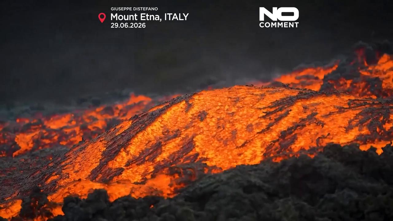 Video thumbnail for Drone captures rivers of lava flowing down Mount Etna
