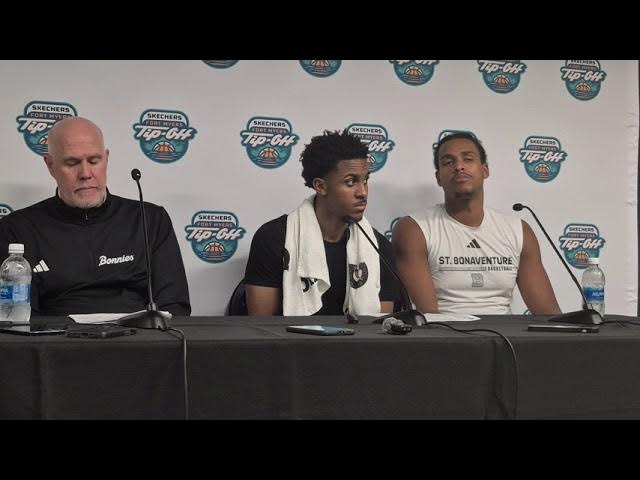 Video thumbnail for St. Bonaventure coach Mark Schmidt, guard Buddy Simmons II and forward Frank Mitchell #UNC