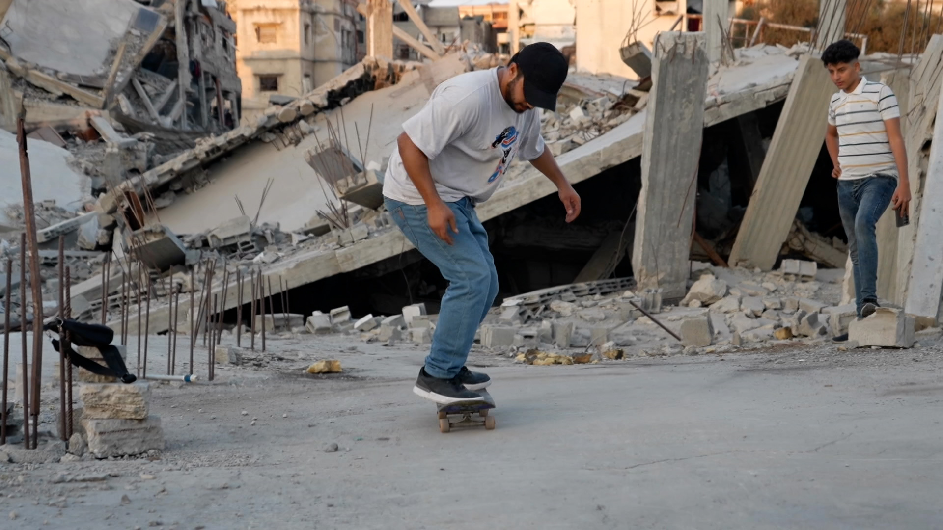 'Video thumbnail for Palestinians reclaim joy by using Gaza rubble as makeshift skatepark'