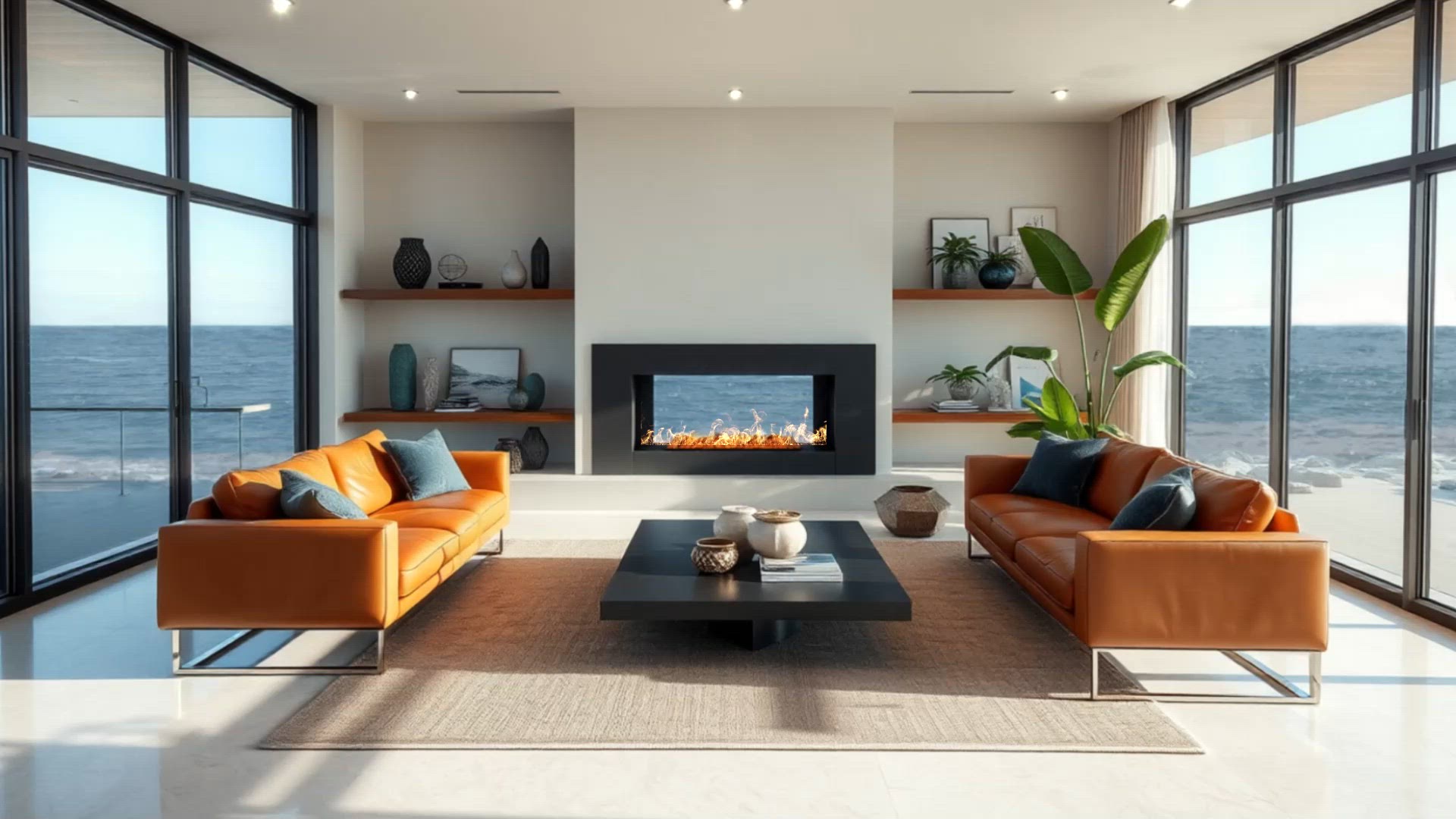 Video thumbnail for Design a luxurious coastal living room with ocean views, a modern fireplace and a relaxing ambience
