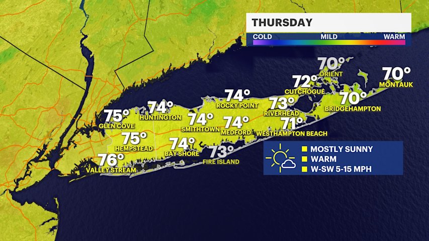 Video thumbnail for A wind change will bring above average temperatures to Long Island Thursday