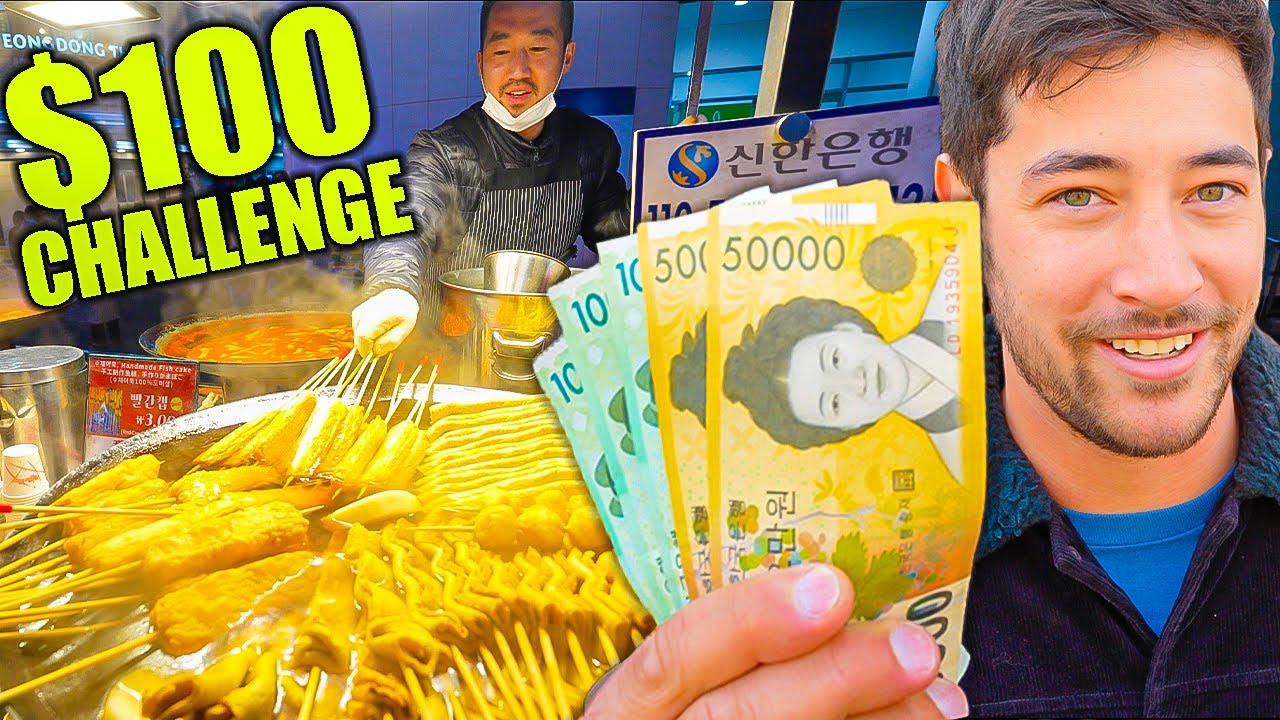 Video thumbnail for KOREAN STREET FOOD $100 Challenge in Seoul CRAZY Night Market + HANWOO BEEF BBQ!