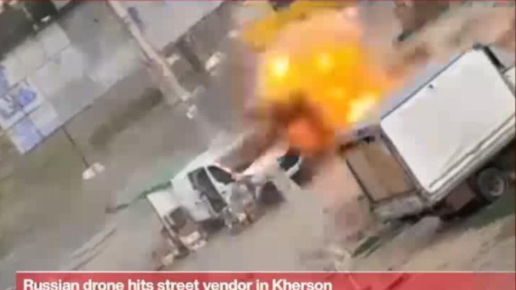 Video thumbnail for Russian drone hits street vendor in Kherson, Zelensky denounces ‘safari’ attack