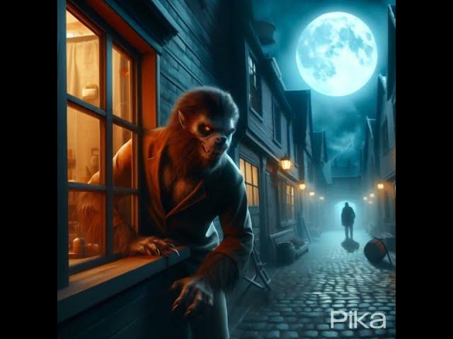 'Video thumbnail for a werewolf through the streets of a town at full moon #wolf #werewolf #horror #creepy'