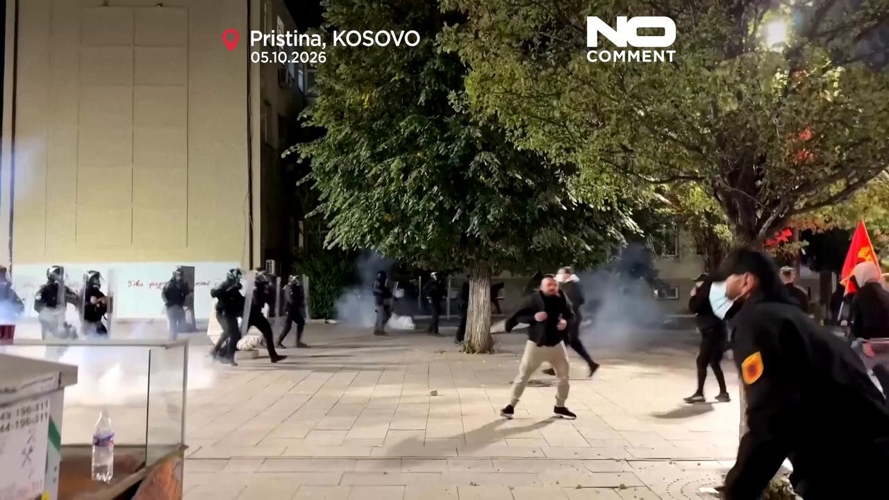 Video thumbnail for Tear gas and water cannon in Pristina as protesters clash with police