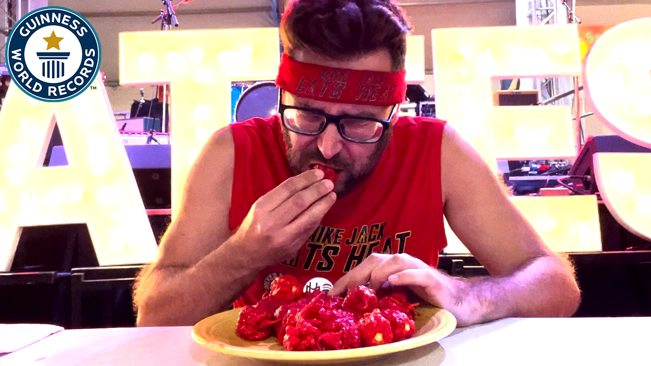'Video thumbnail for Fastest time to eat 25 Carolina Reaper Chilli peppers'