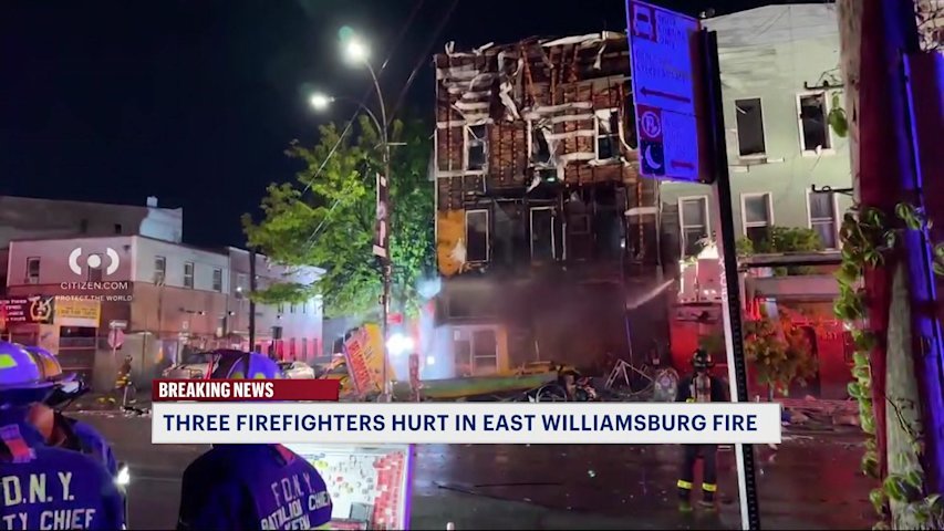 Video thumbnail for 3 firefighters hurt after fire tears through East Williamsburg building, partial collapse reported