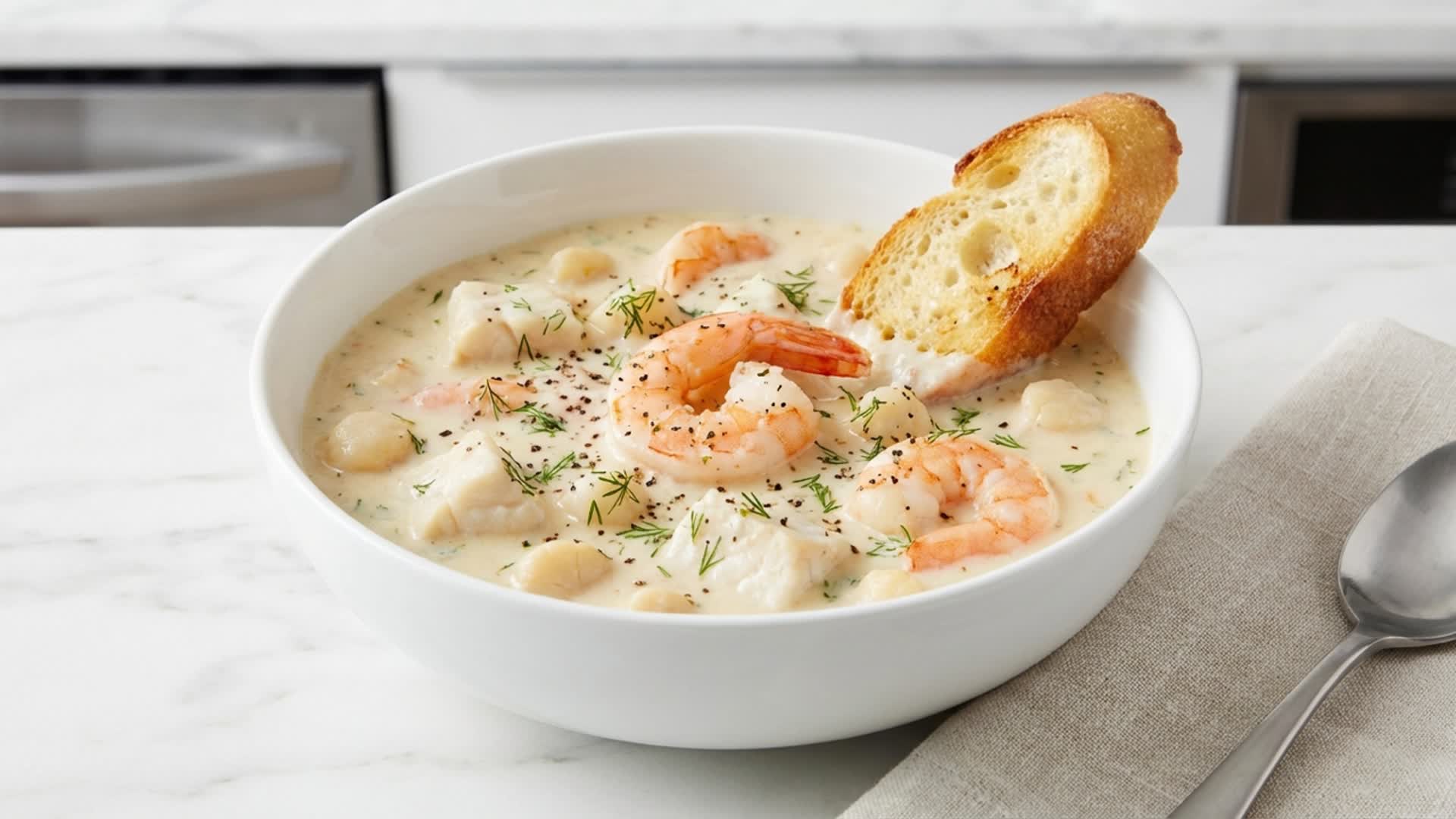 Video thumbnail for Thick and Creamy Seafood Chowder Recipe
