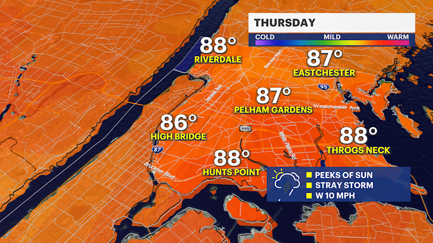 Video thumbnail for Warm Thursday with isolated shower and storm chances in The Bronx