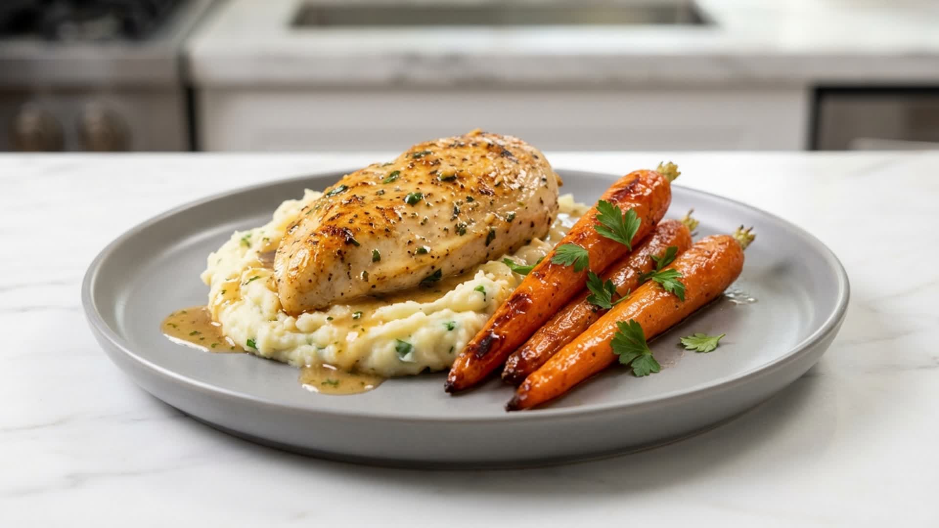 Video thumbnail for Garlic Herb Chicken with Creamy Mash & Roasted Carrots