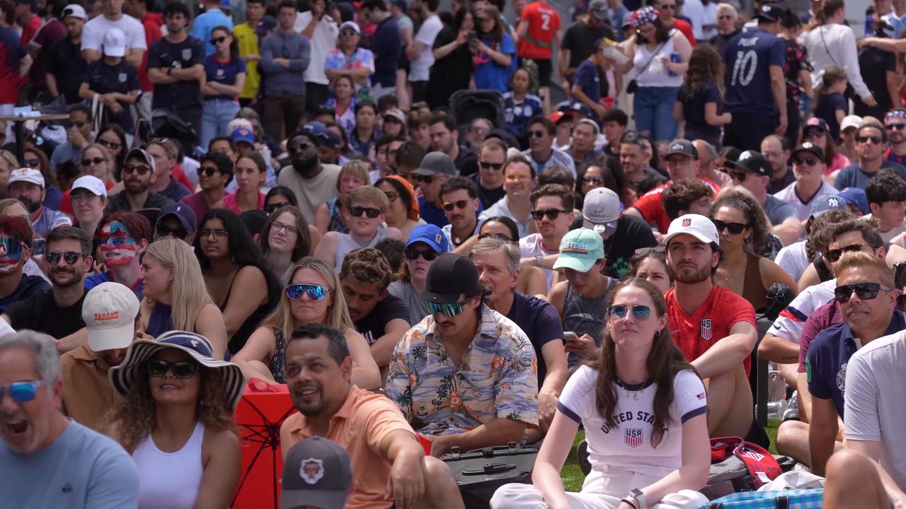 Video thumbnail for US: US fans celebrate World Cup victory over Australia aboard USS Intrepid.
