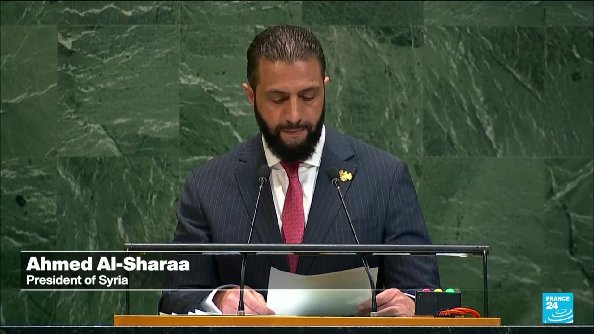 'Video thumbnail for At the UN, Syrian leader Ahmed al-Sharaa’s charm offensive'