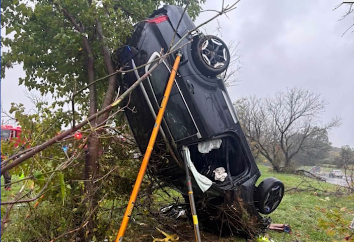 Video thumbnail for Car ends up lodged in tree after dramatic I-78 crash