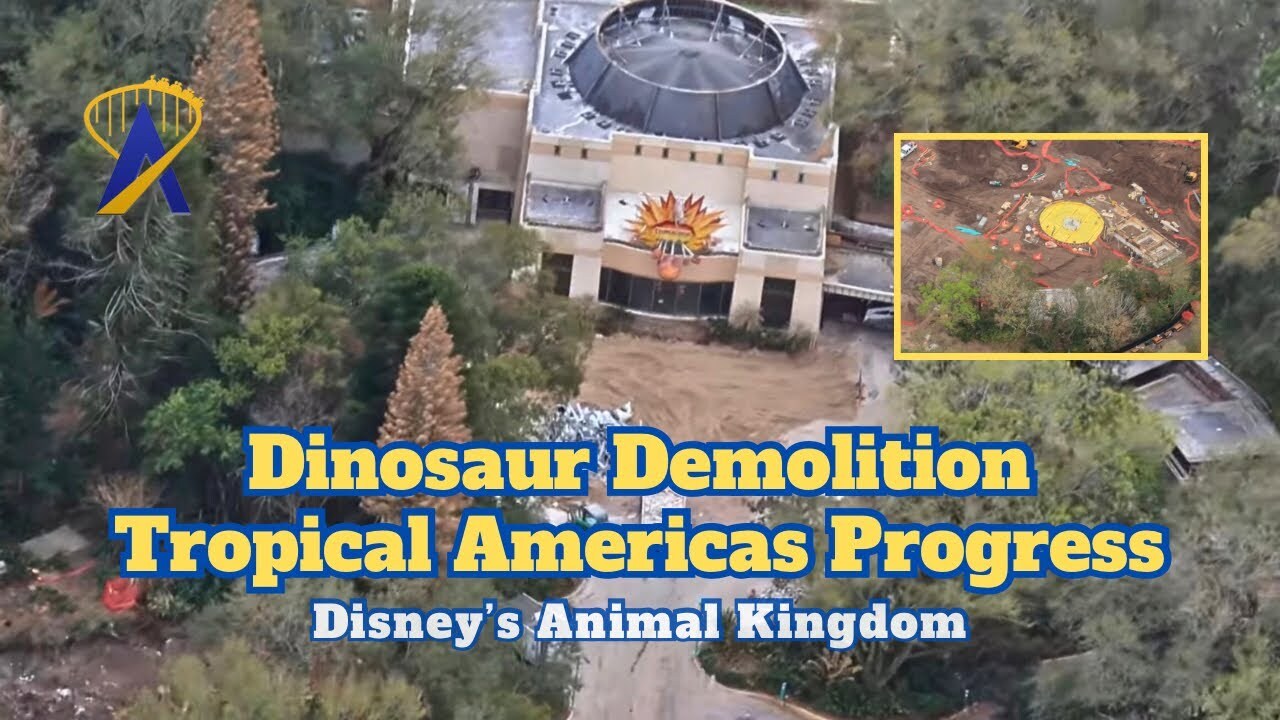 Video thumbnail for Dinosaur Demolition and Encanto Progress from the sky over Disney's Animal Kingdom