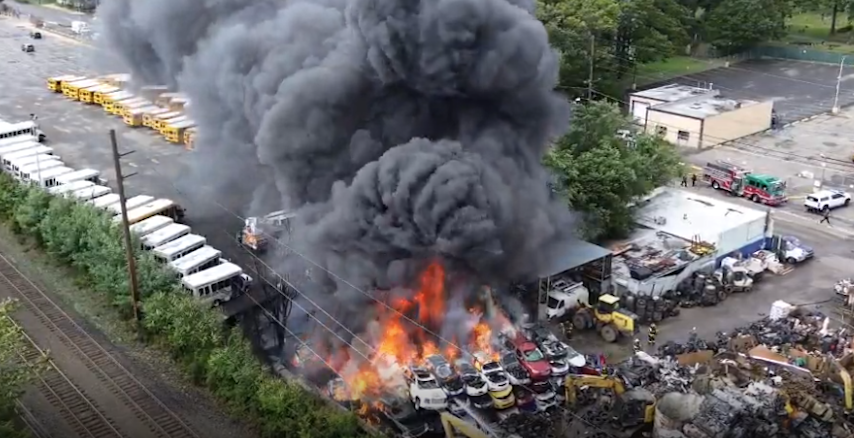 Video thumbnail for Firefighters battle massive flames at Bay Shore scrapyard