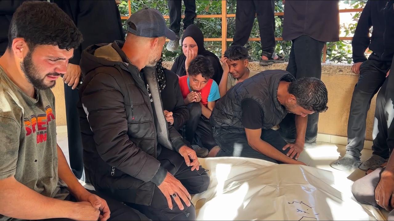 Video thumbnail for Funeral held in Khan Younis for Palestinian man following drone strike.