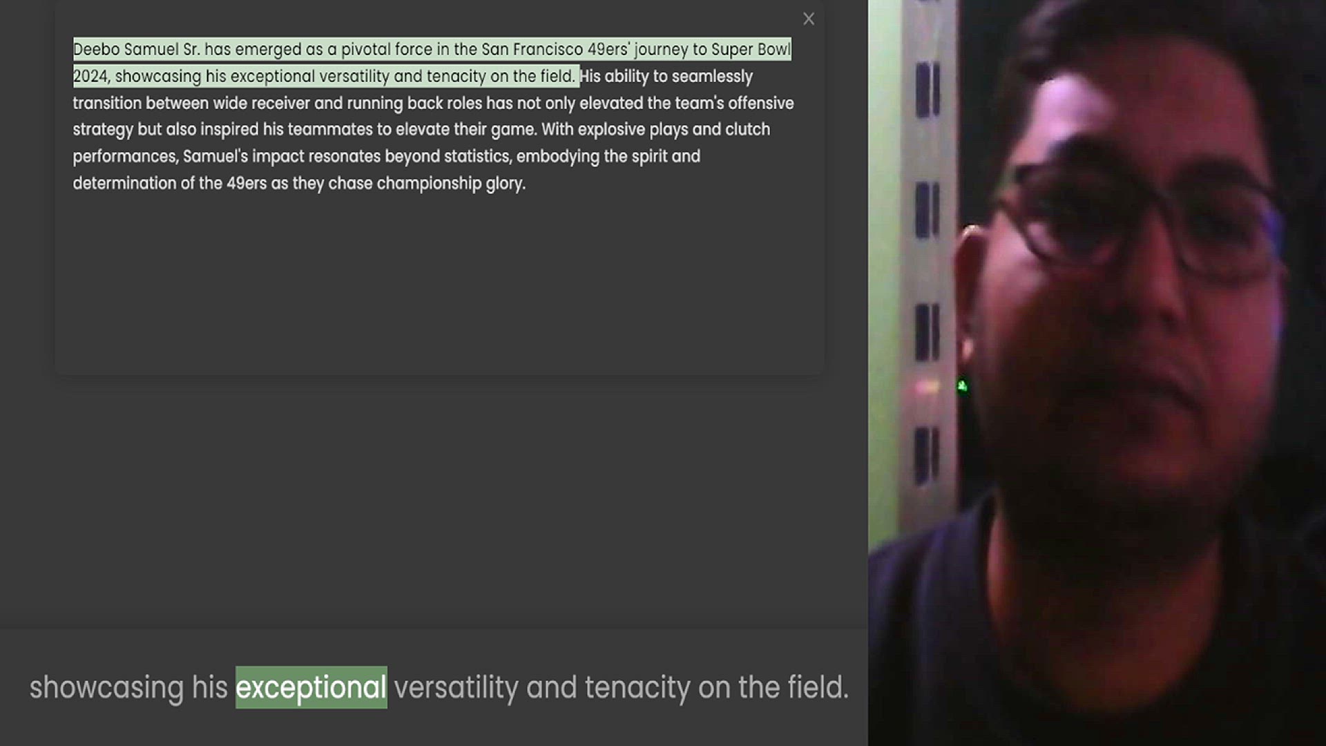 Video thumbnail for Deebo Samuel Sr. has emerged as a pivotal force in the San Francisco 49ers' journey to Super Bowl 2024, showcasing his exceptional versatility and tenacity on the field. His ability to seamlessly transition between wide receiver and runni