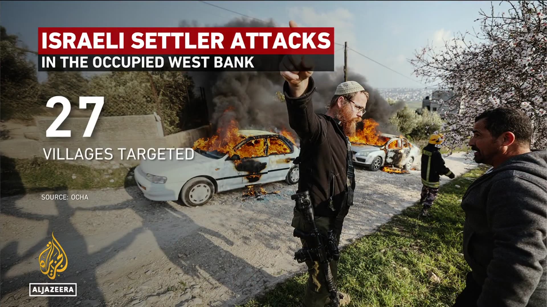 'Video thumbnail for Israeli settlers burn trees, assault Palestinians in occupied West Bank olive harvest attacks'