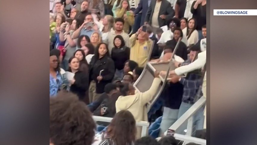 Video thumbnail for 'Put that chair down.'  3 people arrested in brawl at college graduation in Bridgeport, police say