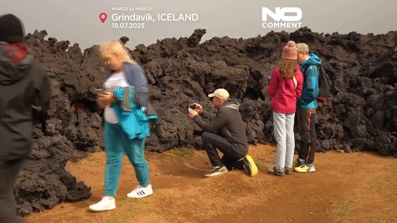 'Video thumbnail for Tourists watch cooling lava as Iceland’s volcanic activity slows'