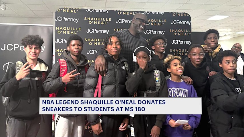 Video thumbnail for Shaquille O'Neal donates roughly 800 pairs of sneakers to Co-Op City students