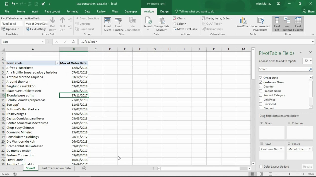 Video thumbnail for Return the Last Transaction Date - Excel PivotTable Trick