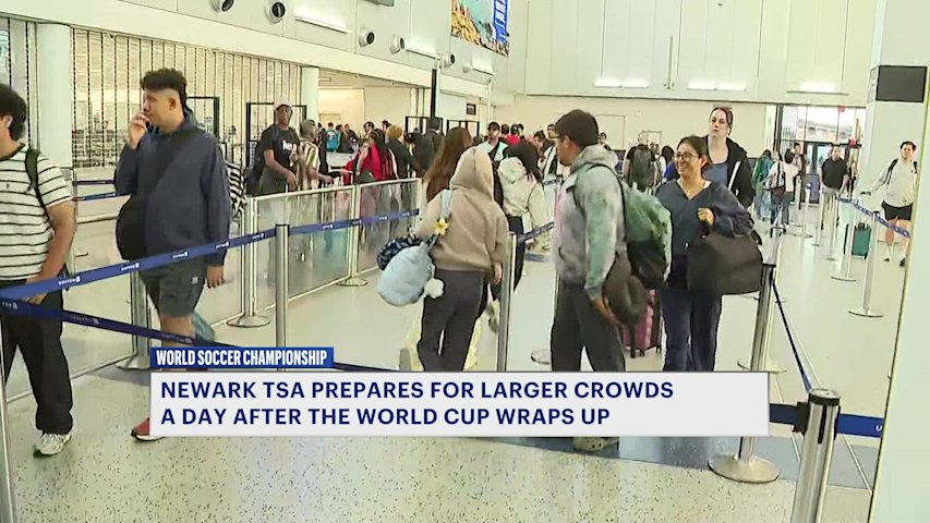 Video thumbnail for World Cup fans fill Newark Airport as thousands head home after final