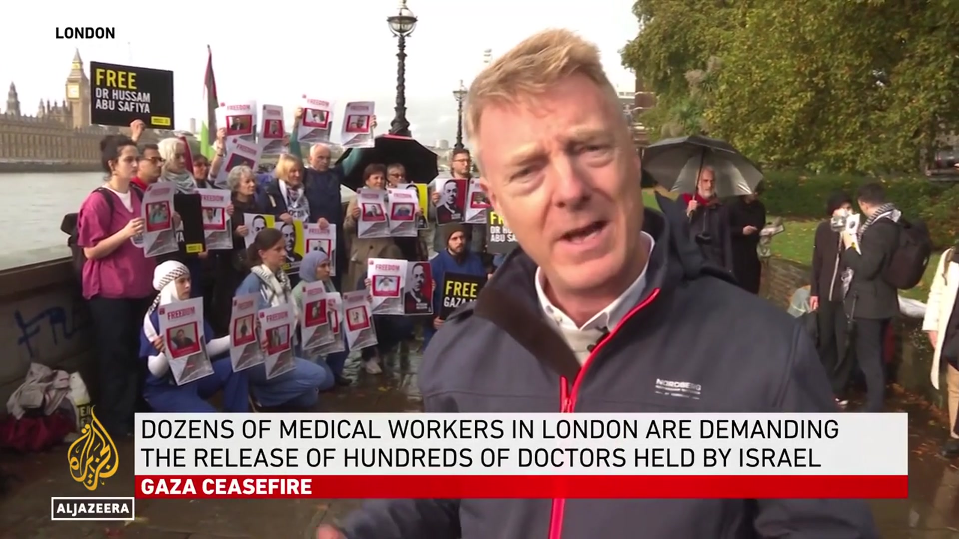'Video thumbnail for UK protesters demand release of Palestinian health workers in Israeli jails'