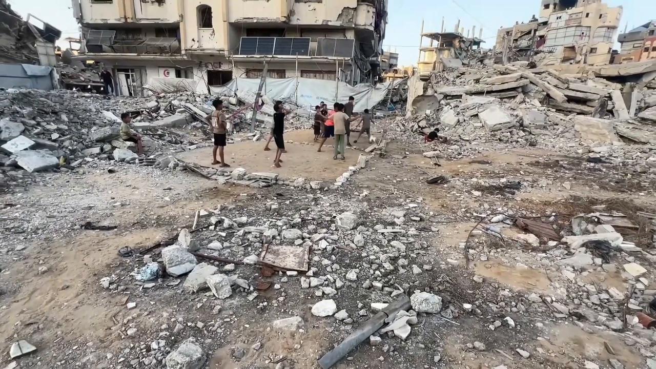 Video thumbnail for Gaza children turn rubble into makeshift volleyball court.